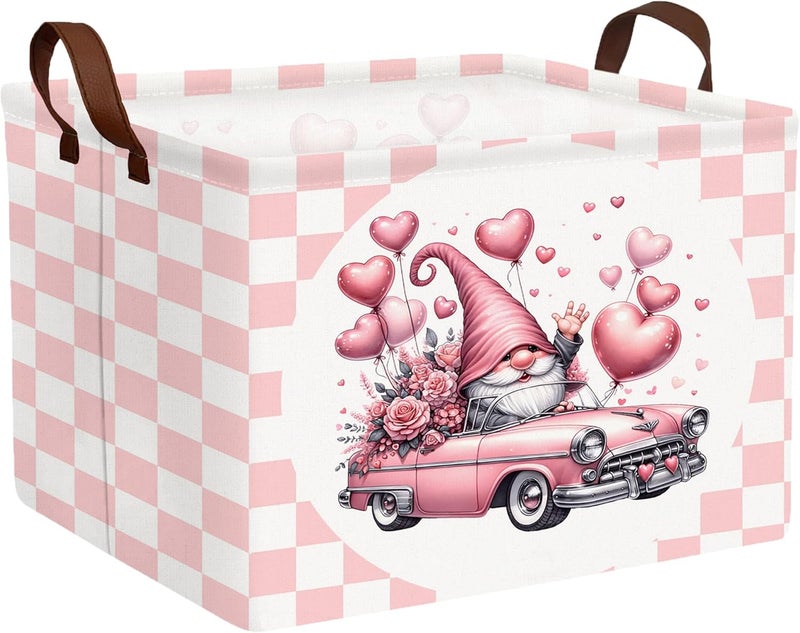 BOOHIT Valentines Day Basket Large Foldable Heart Shaped Storage Box for Gifts Kids Empty Storage Bins Rectangular Toy Organizer Decor (Pink Gnome Car) - Image 1